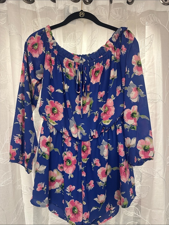 Peach Love California Pants - Peach Love California Blue Off-Shoulder Floral Romper with Pink Blooms